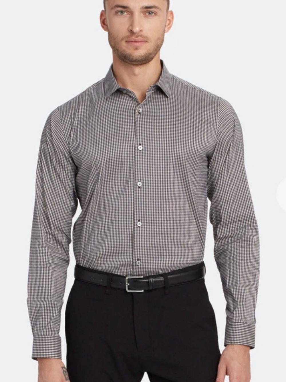 Theory Murray Tech Shirt L Beige Stone Multi Micro Check Office Button Down